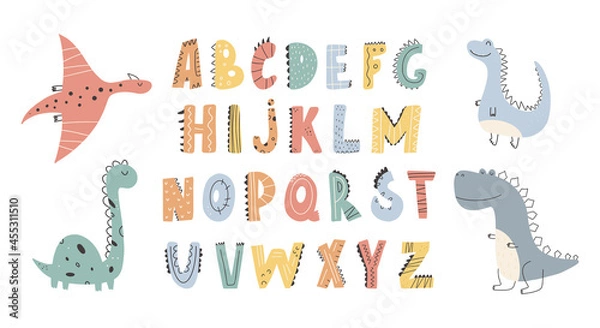 Fototapeta Cute Dinosaurs collection and alphabet in cartoon style. Colorful cute baby illustration is ideal for a children's room Vector illustration Design element