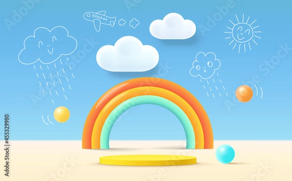 Fototapeta 3D rendering podium kid style, colorful background, clouds and weather with empty space for kids or baby product.