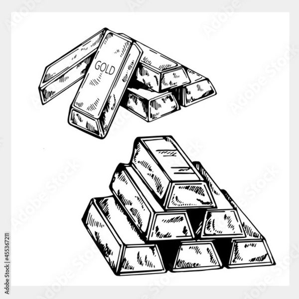 Obraz Hand drawn sketch style bars of gold isolated on white background. Vector illustration.