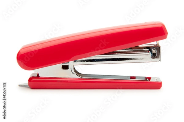 Fototapeta Red stapler on a white background.