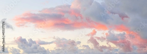 Obraz Clear blue sky, red, pink, golden cirrus and cumulus clouds after storm. Dramatic sunset cloudscape. Concept art, meteorology, heaven, hope, peace, graphic resources, picturesque panoramic scenery