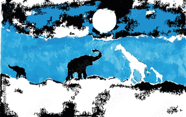 Obraz Vector Watercolor painting of  night wild life of a elephant and giraffe
