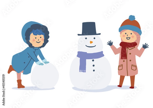 Fototapeta 雪だるまを作って遊ぶ子供たちのイラスト