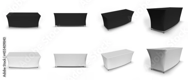Fototapeta Table Cloth Fitted Exhibition advertising runner, cloth textured and stitched table cover. 3D render illustration, Black and White Isolated different angles