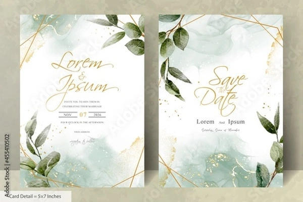 Fototapeta Set of Greenery Wedding Invitation with hexagon foliage frame
