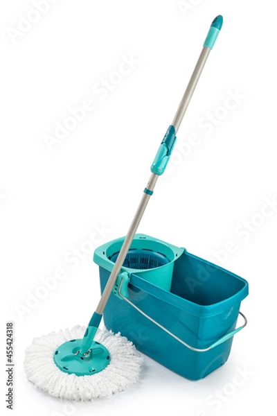 Obraz mop and plastic bucket isolated on white background