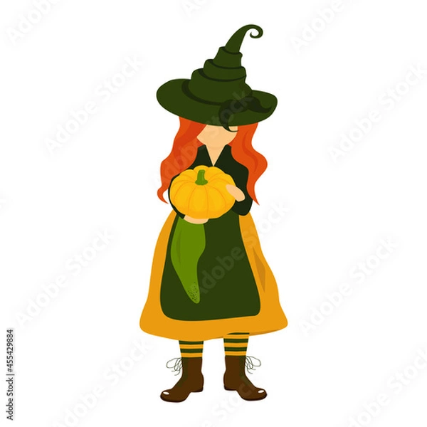 Fototapeta Vector illustration of a red-haired witch in a pointed hat holding a pumpkin isolated on a white background.