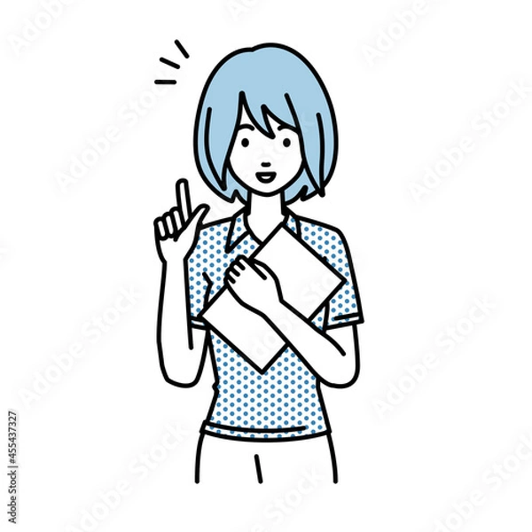 Fototapeta 立って書類を手に持って何かひらめいたポロシャツの女性