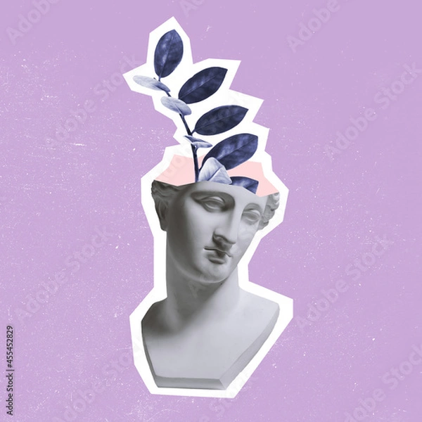 Fototapeta Contemporary art collage, modern creative design. Composition with bust of ancient statue and branch of tree. Idea, inspiration, saving environment, environmental care, ecology.