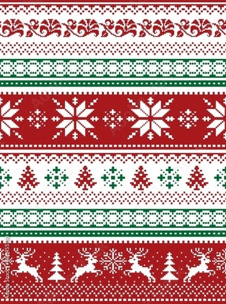 Fototapeta Nordic seamless knitted christmas red and green pattern. vector