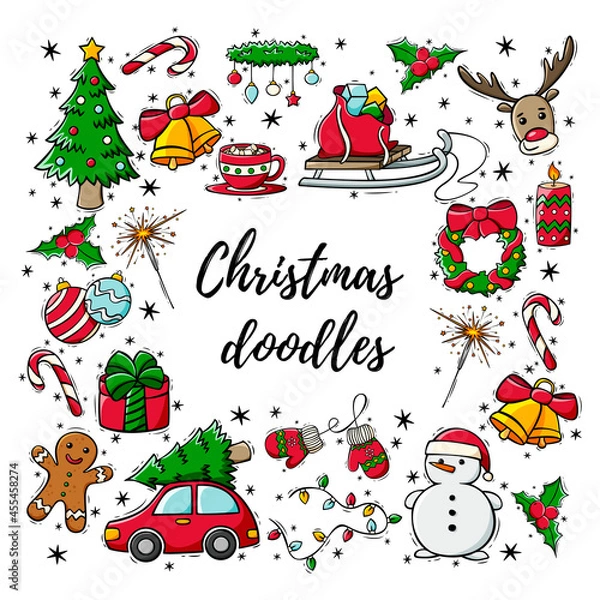 Obraz Hand drawn icon set of Christmas decorations in doodle style. Christmas and New Year's doodles. Vector illustration isolated on white background.