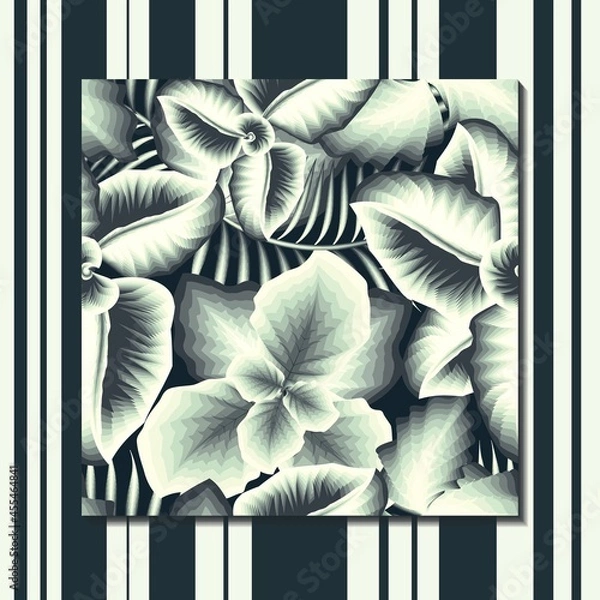 Fototapeta Tropical vintage seamless pattern with green light color on dark blue background. beautiful palm leaves vector design. Exotic jungle wallpaper. Printing and textiles