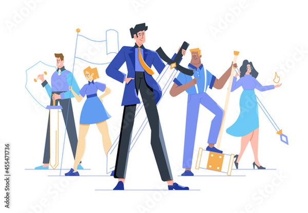 Obraz Team of colleagues with weapons in their hands. Men and women of different nationalities in business suits with a sword, shield, flag. Teamwork and Leadership. Vector flat concept illustration.
