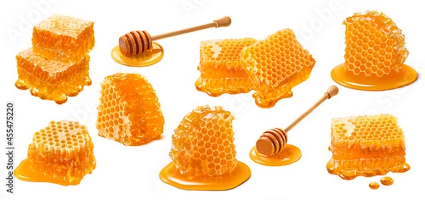 Fototapeta Honeycomb set isolated on white background. Wooden honey dippers