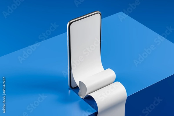 Fototapeta Smartphone with blank long screen scroll on blue background. Mock up. 3d rendering