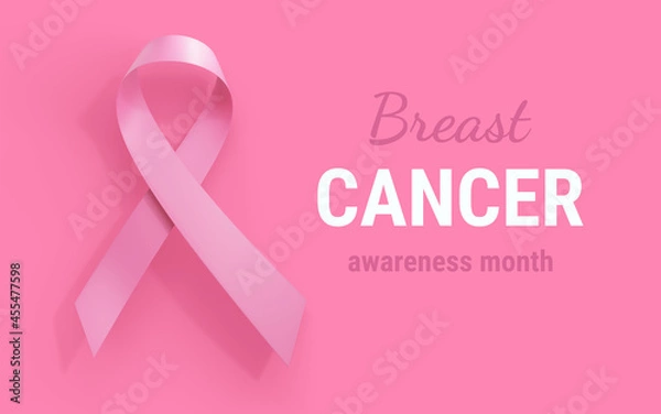 Fototapeta 3d Template with Symbol of Breast Cancer Awareness Month Campaign on Pink Color Background and Text. Illustration of Pink Breast Cancer Awareness Realistic Ribbon with Loop