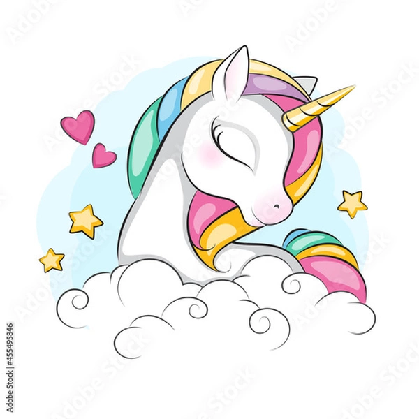 Fototapeta Portrait of cute unicorn .Beautiful picture for your design. Children background. Magic pony.  Hand drawn illustration  on white. Isolated.