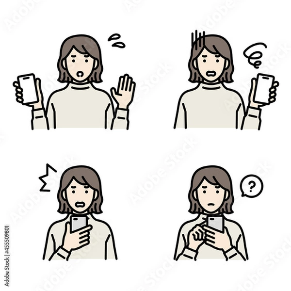 Fototapeta スマートフォンを持つ女性　アバターセット　トラブル