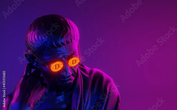 Fototapeta Portrait of a seated philosopher in bitcoin glasses on a neon background. 3d image.