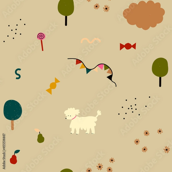 Fototapeta Abstract seamless pattern with village landscape ,poodle, candies,flowers,pears, garland, cloud and trees on grey background. Perfect for fabric, textile, wallpaper, kindergarten.