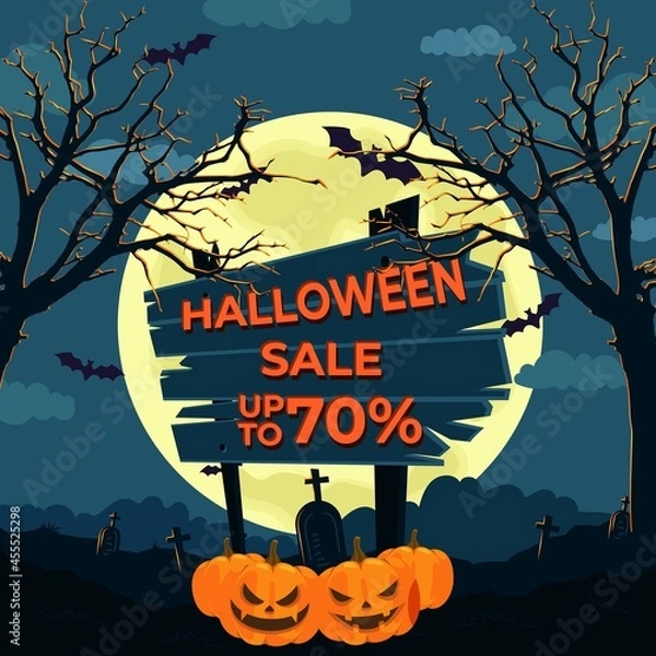 Obraz Halloween sale concept for social media template with dark graveyard