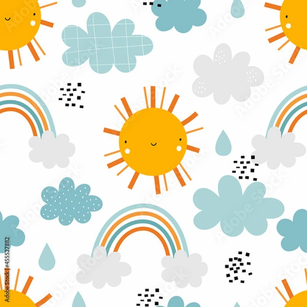 Fototapeta Vector hand-drawn seamless childlish pattern with cute sun, clouds, drops and rainbows on a white background. Kids texture for fabric, wrapping, textile, wallpaper. Trendy scandinavian print.