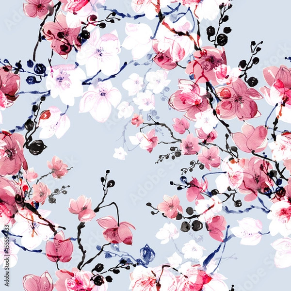 Fototapeta Abstract seamless floral print drawn exotic flowering branches