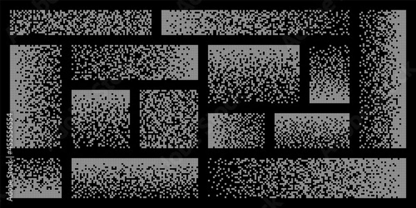 Fototapeta Pixel disintegration, decay effect. Various rectangular elements made of square shapes. Dispersed dotted pattern. Mosaic texture with simple particles. Vector illustration.