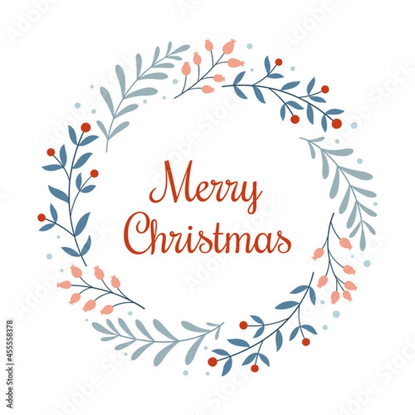 Fototapeta Merry Christmas. Template for a Christmas card or holiday print with a wreath of branches, berries and an inscription in the Scandinavian style on a white background.