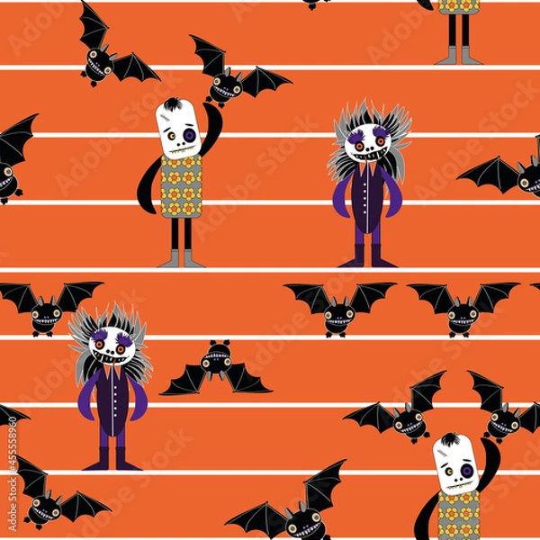 Obraz Cute Halloween monsters orange seamless pattern vector 
