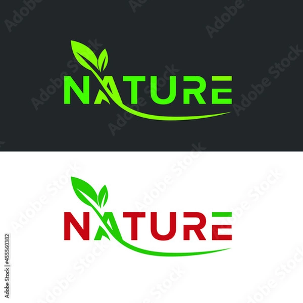 Fototapeta  Nature word logo with leaf vector illustration design and isolated over a black and white background.