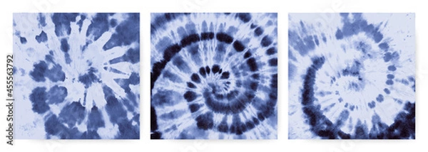 Fototapeta Denim Tie Dye Spiral. Hippie Swirl Pattern. Watercolour Ethnic Textile. Tie Dye Spiral in the Style of the 1970s. Cool