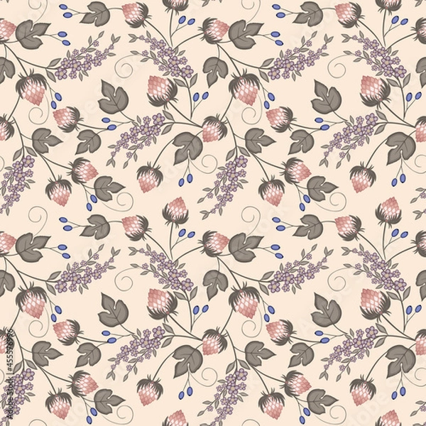 Fototapeta Vector small seamless pattern. Floral ornament of hops with blossoming twigs and berries. Stylish backdrop for fabric, paper, wallpaper, web pages, wedding invitations, postcards. Vintage style