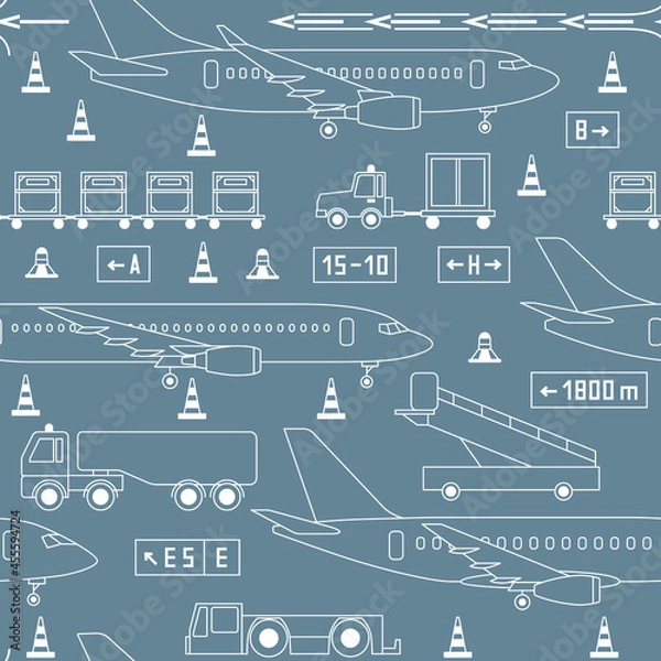 Fototapeta seamless pattern with airplanes, airport vehicles on gray background