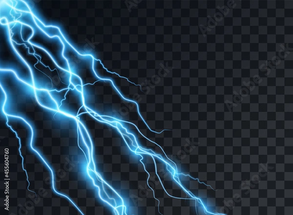 Obraz Lightning, flash, bright blue transparent. Electric current, discharge. Great power. Vector overlay element on a dark isolated background.
