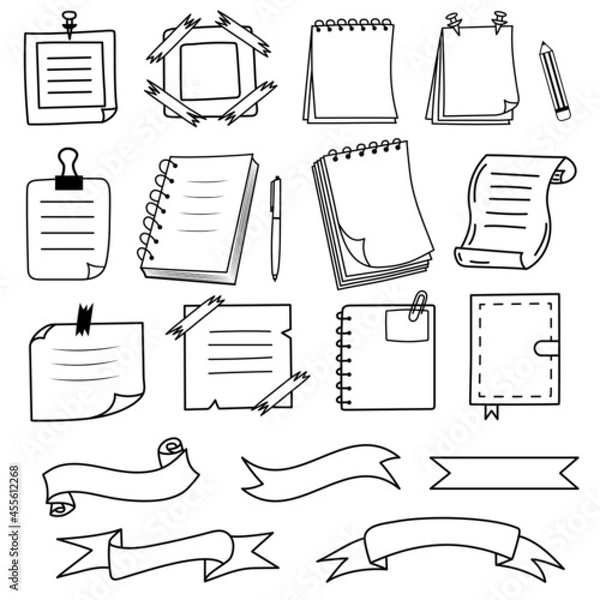 Fototapeta Notes, notebooks, ribbons in doodle style. Reminder paper sticker for pin notice, text. Vector illustration.