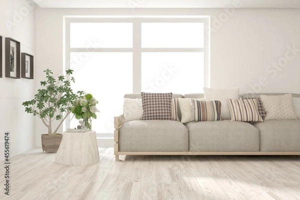 Fototapeta Soft color living room with sofa. Scandinavian interior design. 3D illustration