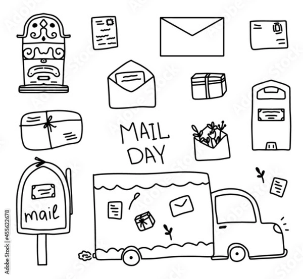Fototapeta World Mail Day, a collection of letters and parcels, a set of mailboxes, a car delivers mail, parcel delivery, a set of envelopes and boxes. Simple doodle style, drawn with lines by hands. Vector