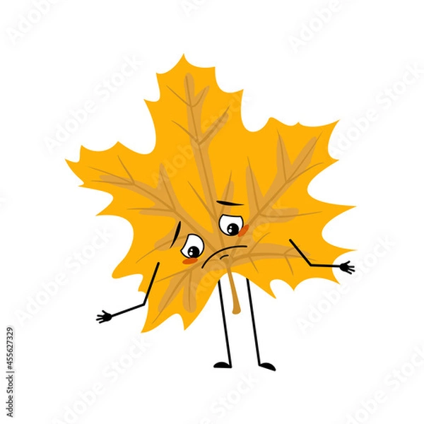 Fototapeta Maple leaf character with sad emotions, depressed face, down eyes, arms and legs. A funny forest plant in autumn yellow colour