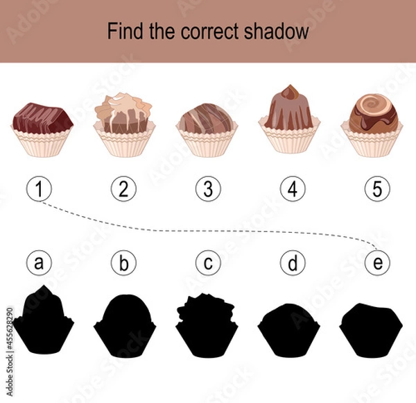 Fototapeta Find the correct shadow puzzle with chocolate sweets. Illustration can be used as logic game for children.