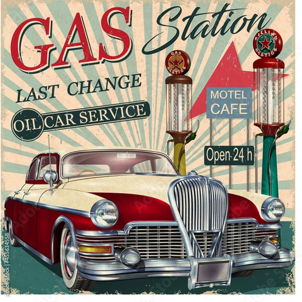 Obraz Gas station retro poster with vintage car.