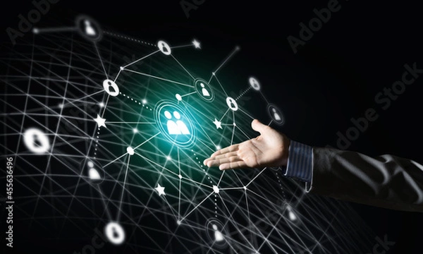 Fototapeta Presenting modern wireless technologies as means of communucation and networking on dark background