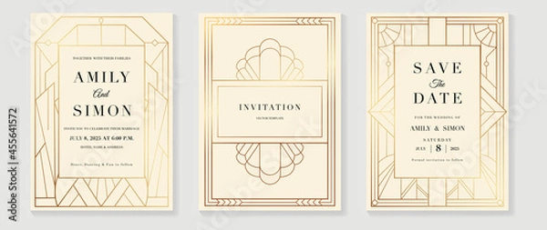 Fototapeta Art deco wedding invitation card vector. Luxury classic antique cards design for VIP invite, Gatsby invitation gold, Fancy party event, Save the date card and Thank you card. Vector illustration.