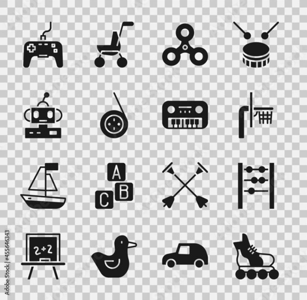 Fototapeta Set Roller skate, Abacus, Basketball backboard, Fidget spinner, Yoyo toy, Robot, Gamepad and Toy piano icon. Vector