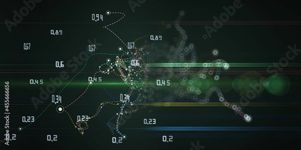 Fototapeta Abstract background with chaotic dashed paths connecting dots.  Analytics algorithms data.  Quantum cryptography concept. Banner for business, science and technology.