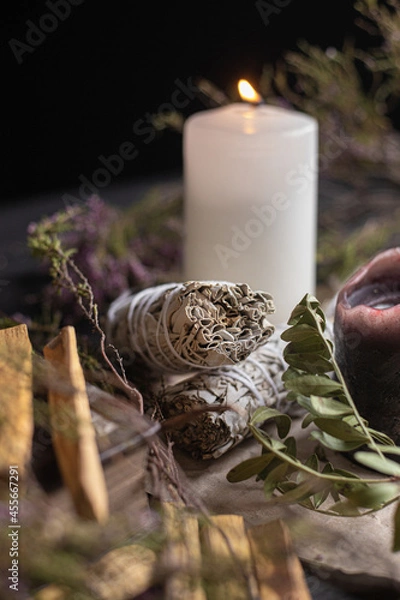 Obraz white candle sage and herbs