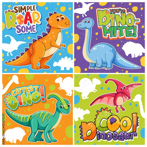 Fototapeta Set of different cute dinosaur posters with speech font