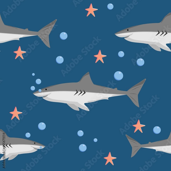Obraz Cute Sharks and Starfish Seamless Pattern Background Vector Illustration