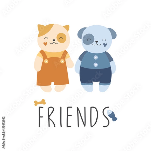 Fototapeta Cute character cat and dog. Vector illustration for kids.