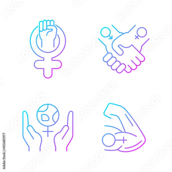 Fototapeta Girl power gradient linear vector icons set. Leadership in movement. Equitable relationships. Feminism support. Thin line contour symbols bundle. Isolated outline illustrations collection